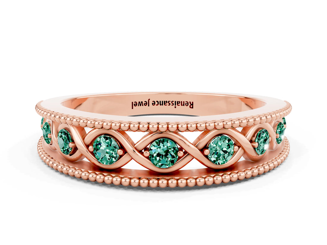 Rose gold Round Green Sapphire Twist Milgrain Band with Bezel Setting_12