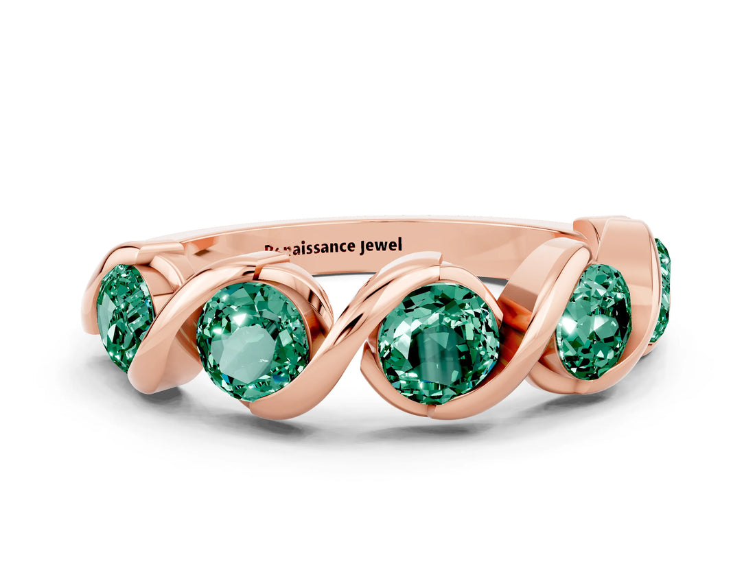 Rose gold Round Green Sapphire Wave Band with Channel Setting and Shared Prongs_6
