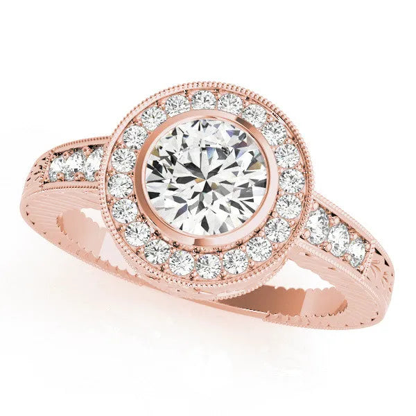 Rose gold Round Halo Bezel Set Diamond Ring with Pavé Band