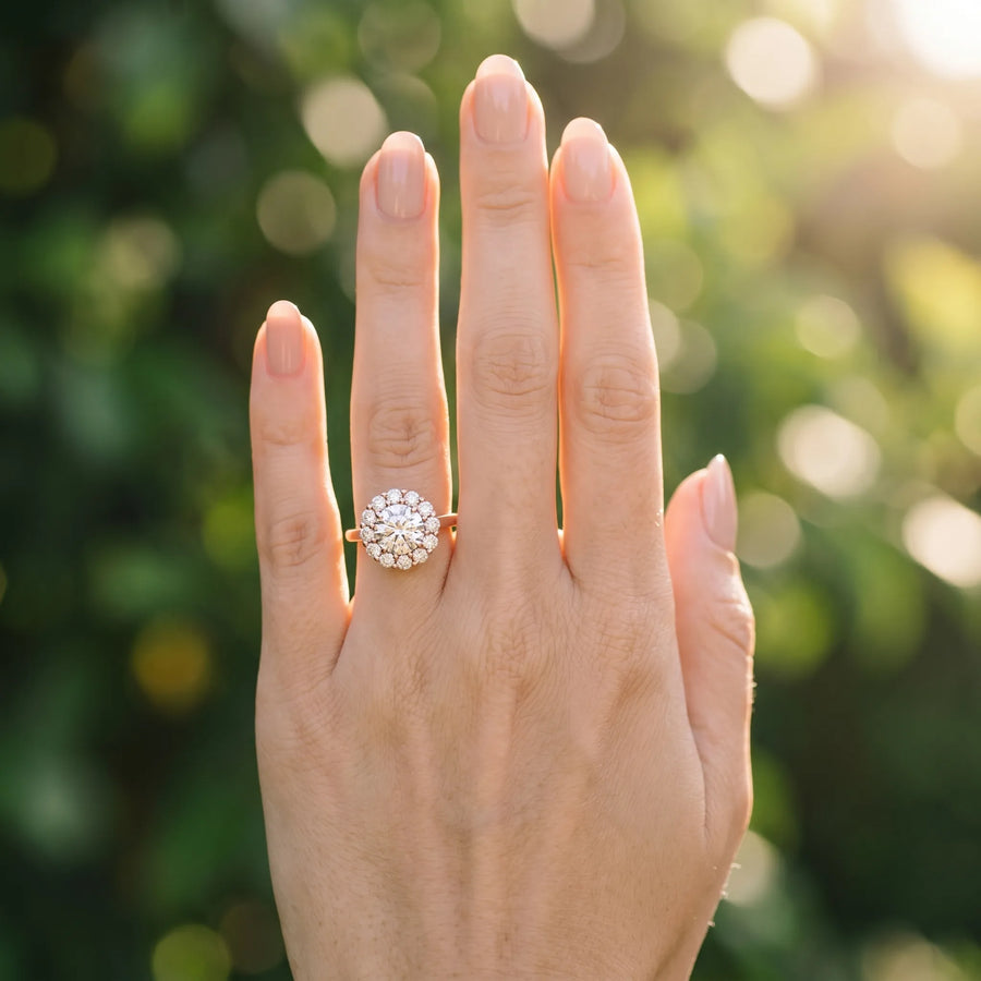 Rose gold Round Halo Cluster Diamond Engagement Ring with Prong Setting and Polished Band