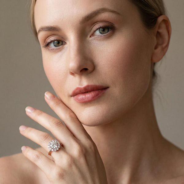 Rose gold Round Halo Cluster Diamond Engagement Ring with Prong Setting and Polished Band