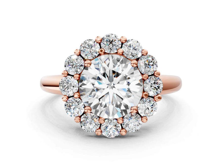 Rose gold Round Halo Cluster Diamond Engagement Ring with Prong Setting and Polished Band