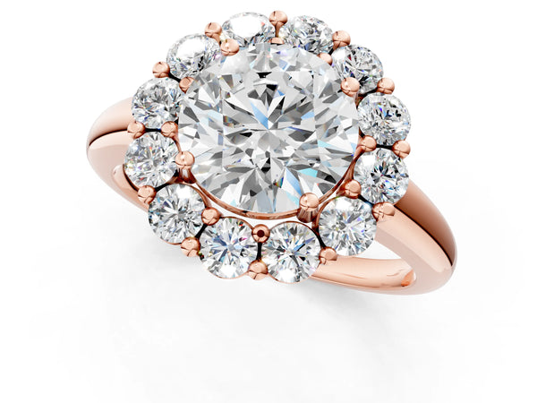Rose gold Round Halo Cluster Diamond Engagement Ring with Prong Setting and Polished Band