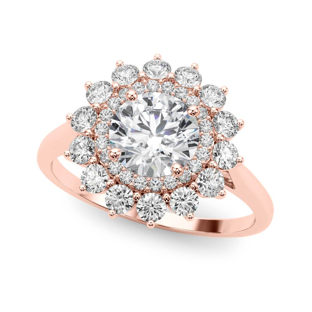 Rose gold Round Halo Cluster Diamond Ring with Pave Band and Four-Prong Setting