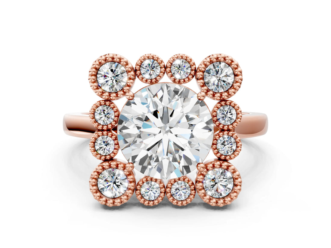 Rose gold Round Halo Diamond Cluster Engagement Ring with Milgrain Bezel Setting and Solitaire Band_54