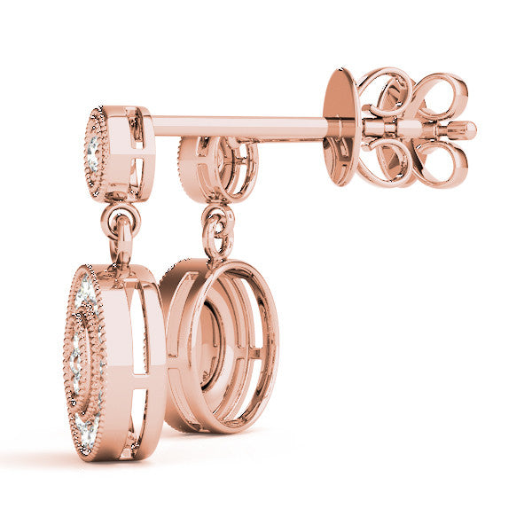 Rose gold Round Halo Diamond Drop Earrings with Milgrain Bezel Setting 1