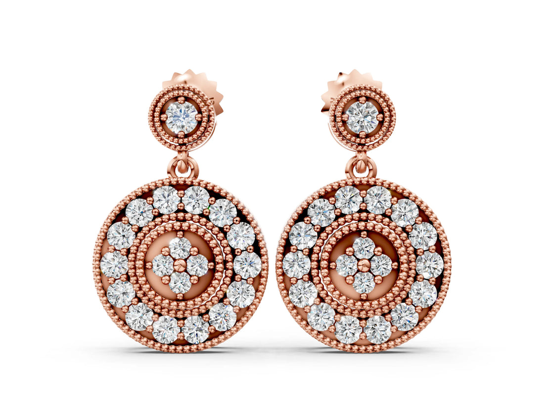 Rose gold Round Halo Diamond Drop Earrings with Milgrain Bezel Setting_9