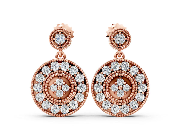 Rose gold Round Halo Diamond Drop Earrings with Milgrain Bezel Setting