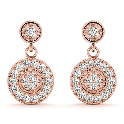 Rose gold Round Halo Diamond Drop Earrings with Milgrain Bezel Setting