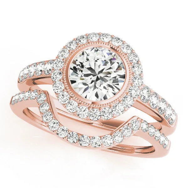 Rose gold Round Halo Diamond Engagement Ring with Bezel Setting and Pavé Band