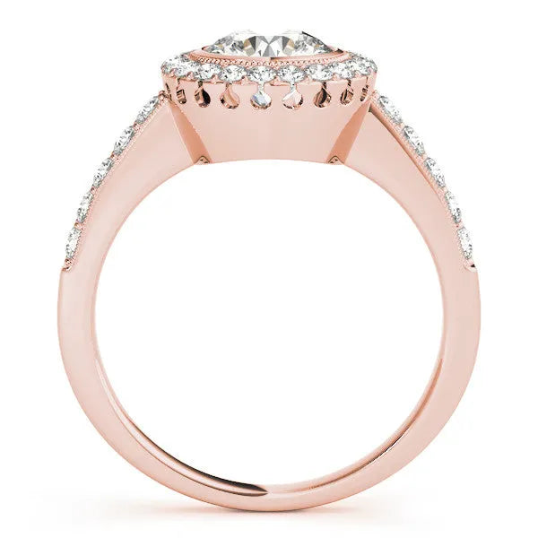 Rose gold Round Halo Diamond Engagement Ring with Bezel Setting and Pavé Band