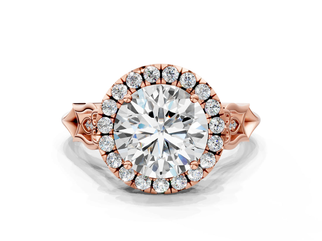 Rose gold Round Halo Diamond Engagement Ring with Filigree Band and Four-Prong Setting_96