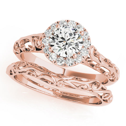Rose gold Round Halo Diamond Engagement Ring with Intricate Filigree Band and Four-Prong Setting 1