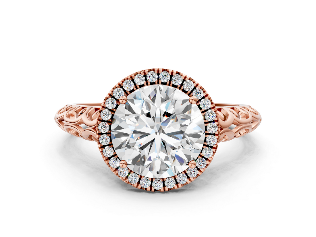 Rose gold Round Halo Diamond Engagement Ring with Intricate Filigree Band and Four-Prong Setting_75