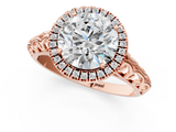 Rose gold Round Halo Diamond Engagement Ring with Intricate Filigree Band and Four-Prong Setting_76