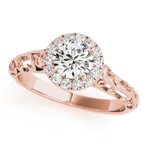 Rose gold Round Halo Diamond Engagement Ring with Intricate Filigree Band and Four-Prong Setting