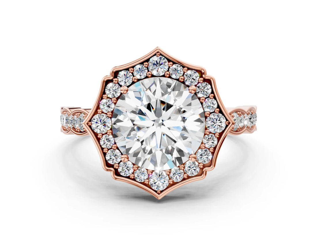 Rose gold Round Halo Diamond Engagement Ring with Milgrain Band and Four-Prong Setting_40