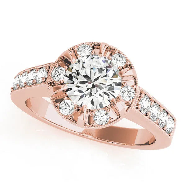Rose gold Round Halo Diamond Engagement Ring with Pave Band and Claw Prong Setting