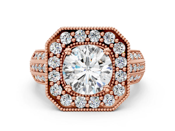 Rose gold Round Halo Diamond Engagement Ring with Pave Split Shank and Four-Prong Setting