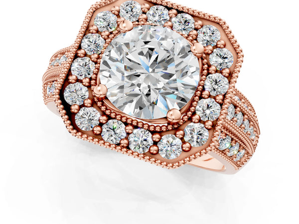Rose gold Round Halo Diamond Engagement Ring with Pave Split Shank and Four-Prong Setting