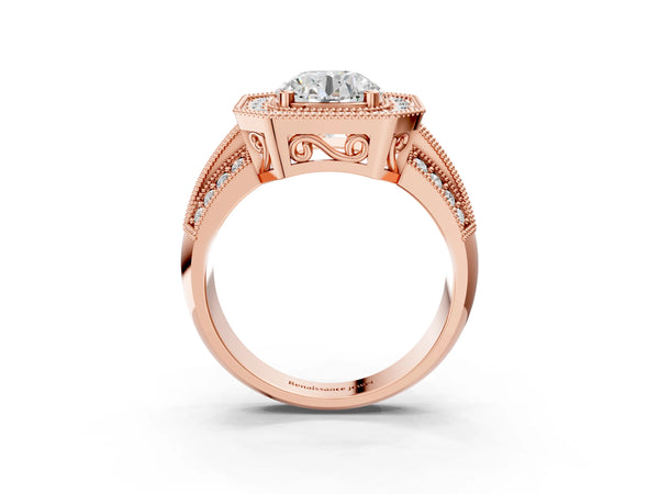 Rose gold Round Halo Diamond Engagement Ring with Pave Split Shank and Four-Prong Setting