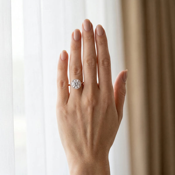Rose gold Round Halo Diamond Engagement Ring with Solitaire Band and Four-Prong Setting