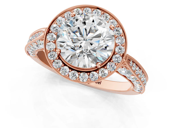Rose Gold Round Milgrain Halo Engagement Ring Setting with Pave