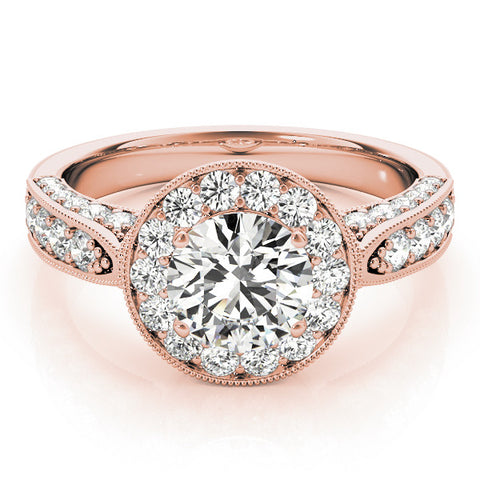 Rose gold Round Halo Diamond Engagement Ring with Split Shank Band and Four-Prong Setting