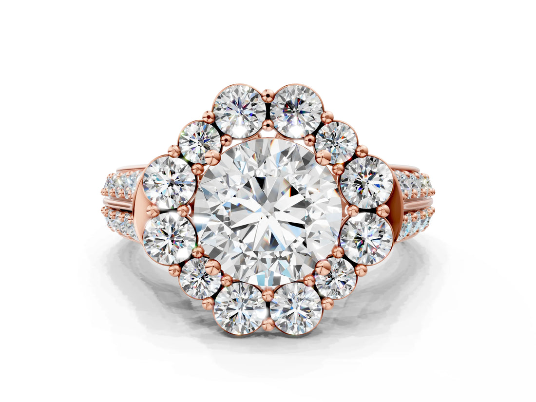 Rose gold Round Halo Diamond Engagement Ring with Split Shank and Prong Setting_69