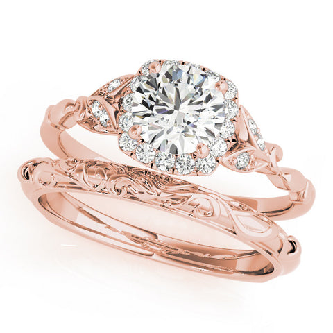 Rose gold Round Halo Diamond Engagement Ring with Vintage-Inspired Band and Four-Prong Setting 1