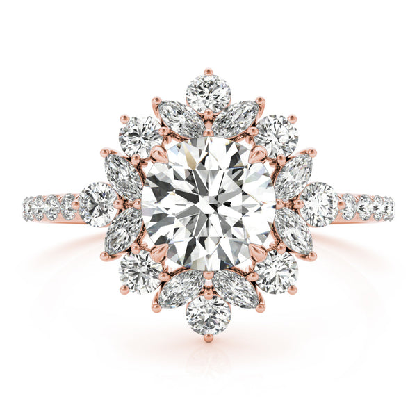 Rose gold Round Halo Diamond Floral Cluster Ring with Pavé Band and Prong Setting