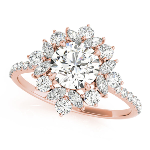 Rose gold Round Halo Diamond Floral Cluster Ring with Pavé Band and Prong Setting