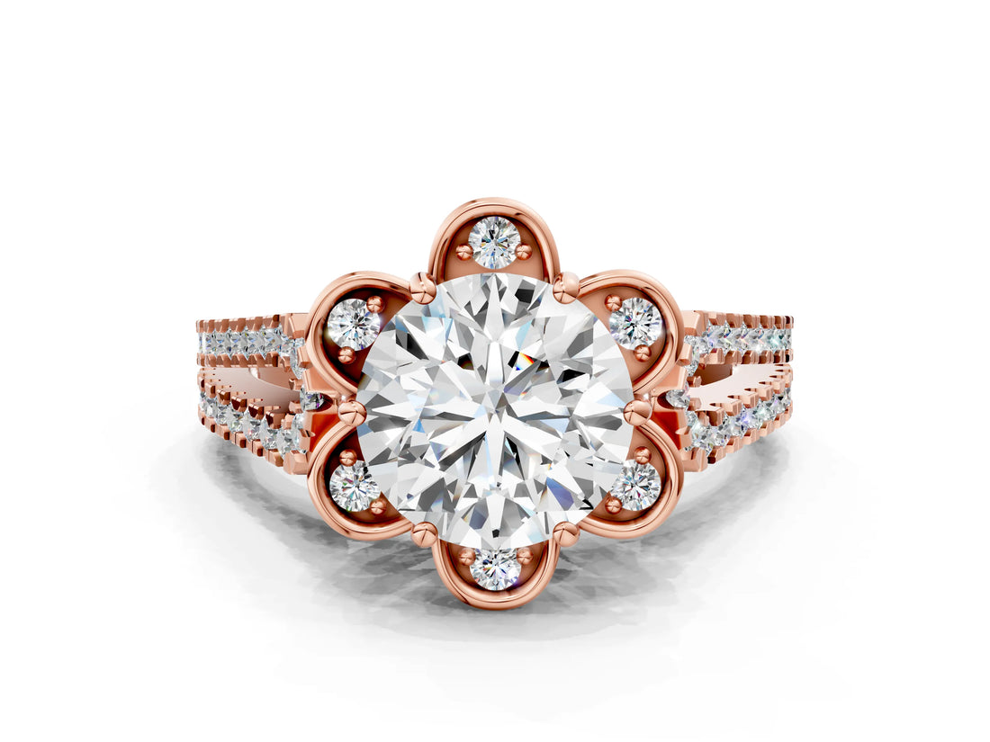 Rose gold Round Halo Diamond Floral Split Shank Engagement Ring 1