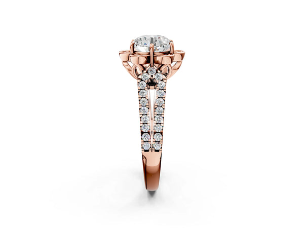 Rose Gold Round Floral Halo Split Shank Engagement Ring Setting