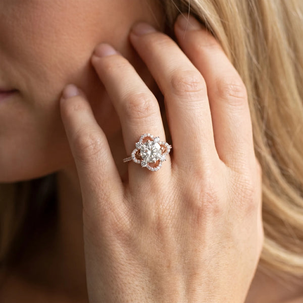Rose gold Round Halo Diamond Infinity Twist Pavé Band Ring with Four-Prong Setting