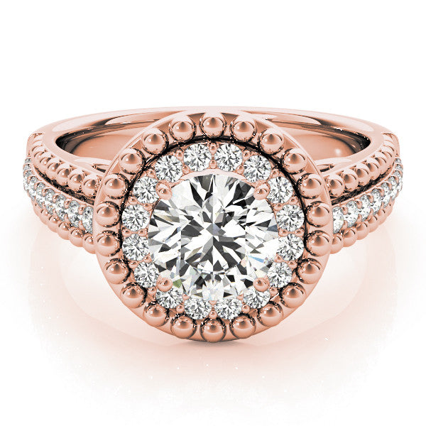 Rose gold Round Halo Diamond Ring with Beaded Split Shank and Four-Prong Setting 1
