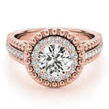 Rose gold Round Halo Diamond Ring with Beaded Split Shank and Four-Prong Setting 1