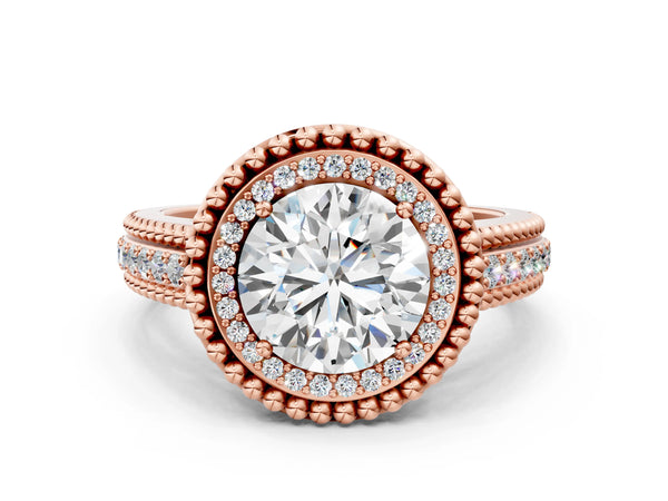 Rose Gold Round Beaded Halo Engagement Ring Setting with Pave