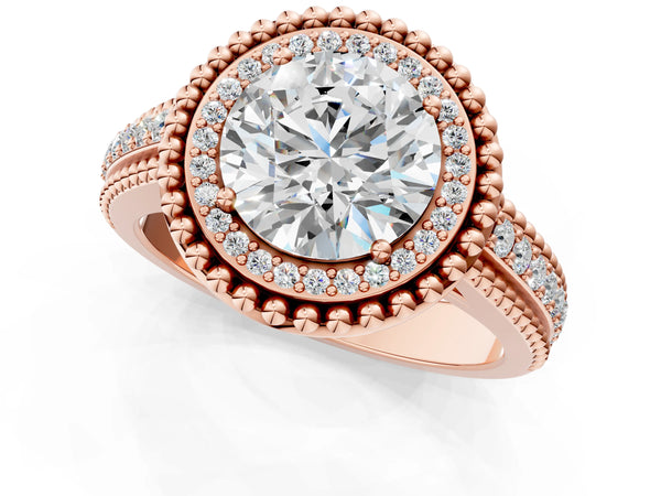 Rose Gold Round Beaded Halo Engagement Ring Setting with Pave