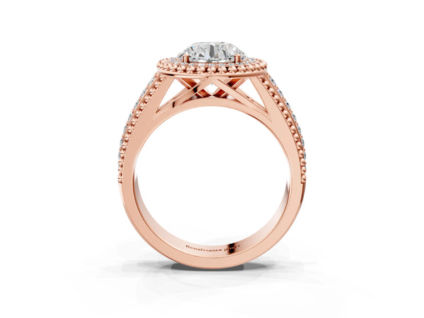 Rose Gold Round Beaded Halo Engagement Ring Setting with Pave