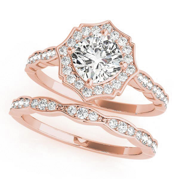 Rose gold Round Halo Diamond Ring with Milgrain Band and Four-Prong Setting 1