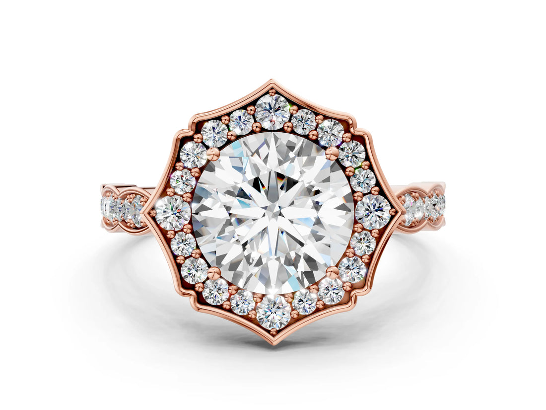 Rose gold Round Halo Diamond Ring with Milgrain Band and Four-Prong Setting_6