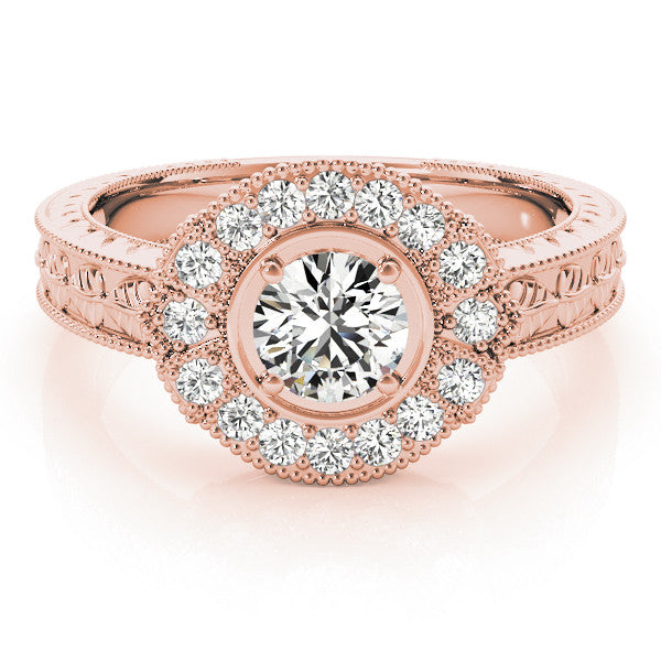 Rose gold Round Halo Diamond Ring with Milgrain Bezel and Prong Setting 1