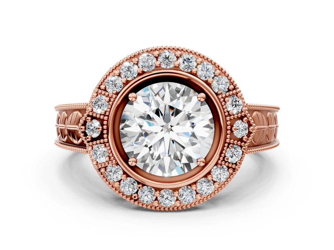 Rose gold Round Halo Diamond Ring with Milgrain Bezel and Prong Setting_6