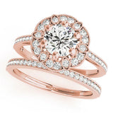 Rose gold Round Halo Diamond Ring with Milgrain Pave Band and Prong Setting 1