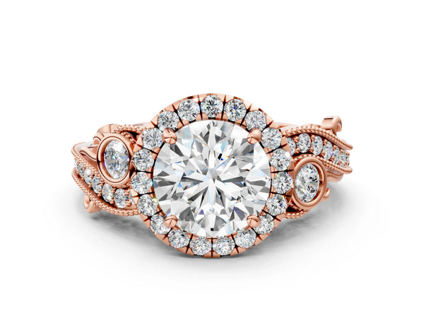 Rose gold Round Halo Diamond Ring with Milgrain and Bezel Accents on a Split Shank Band