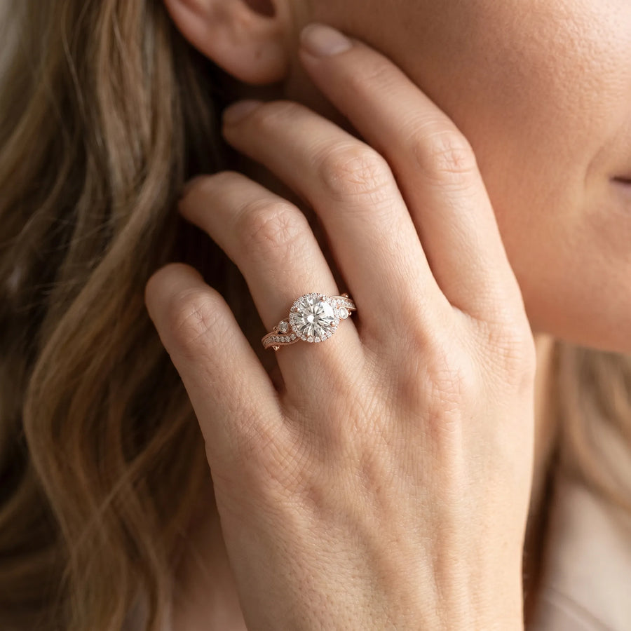 Rose gold Round Halo Diamond Ring with Milgrain and Bezel Accents on a Split Shank Band