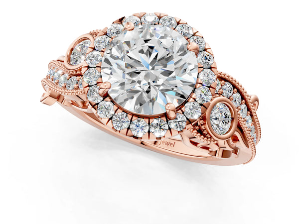Rose gold Round Halo Diamond Ring with Milgrain and Bezel Accents on a Split Shank Band