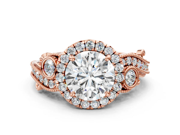 Rose gold Round Halo Diamond Ring with Milgrain and Bezel Accents on a Split Shank Band