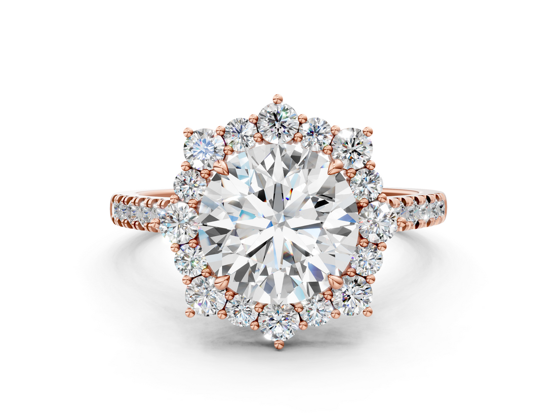 Rose gold Round Halo Diamond Ring with Pavé Band and Prong Setting_36
